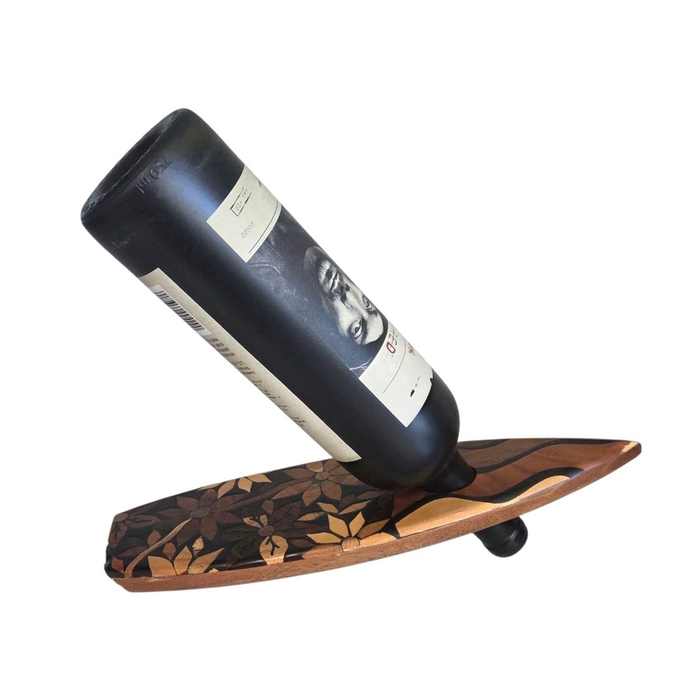 Vintage Wooden Inlaid Flowers Surfboard Balancing Floating Wine Bottle Holder